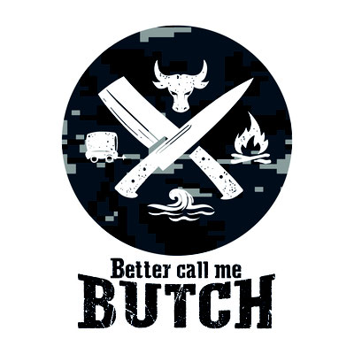Logo der planBwagen Better call me BUTCH mit Stierkopf, Messern, Planwagen und Campfire