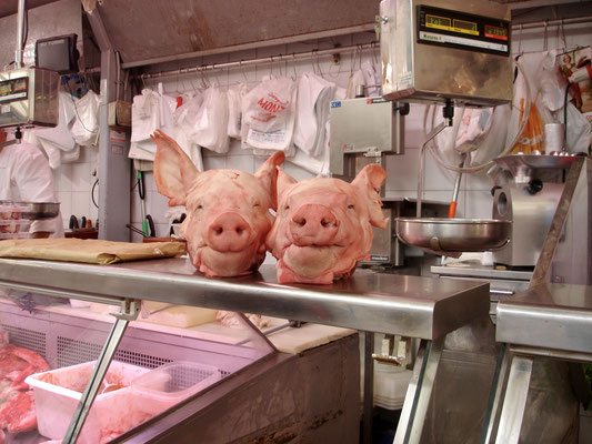 Zwei Schweineköpfe auf Theke im Mercat Colón