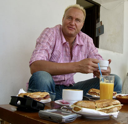 Marc on Ibiza, around 2006, enjoying a princely breakfast