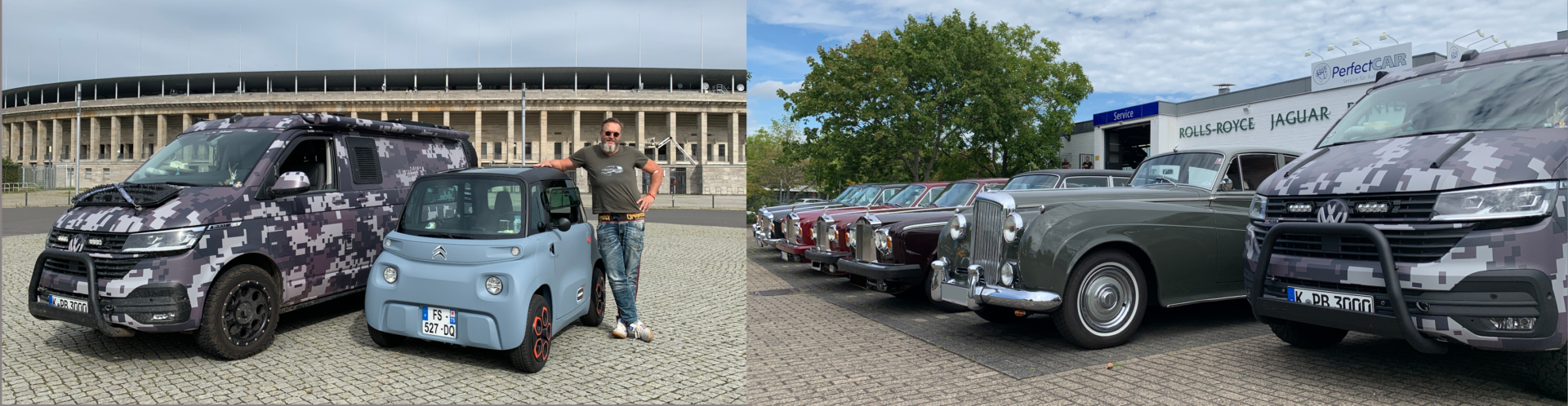 VW T6.1 SpaceCamper wrapped in camouflage with Citroen Ami and Rolls Royce vintage cars, in front of Berlin's Oympiastadion 