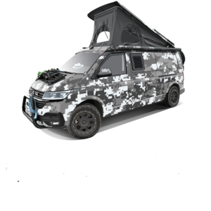 Logo PlanBwagen con gráfico VW T6.1 SpaceCamper con conversión Terranger en camuflaje