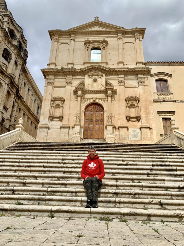 Torgit Häusgen on the steps of the church of San Francesco D'Assisi all'Immacolata